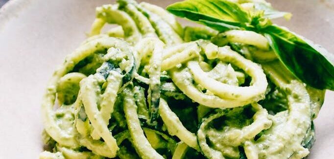 Spaghetti with Pesto Served in White Bowl